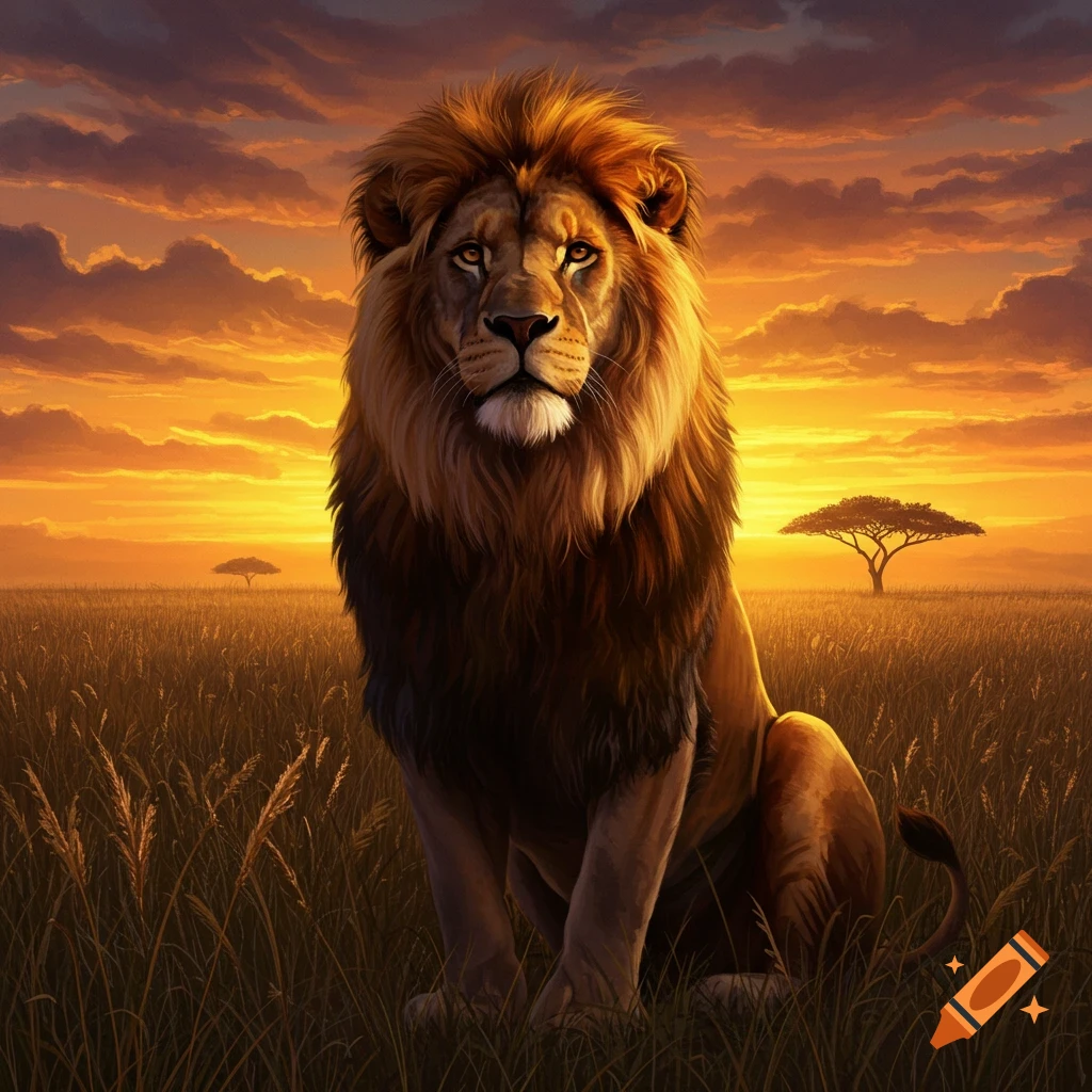 A majestic lion with a golden mane sits in tall grass in a savanna at a vibrant orange and yellow sunset.