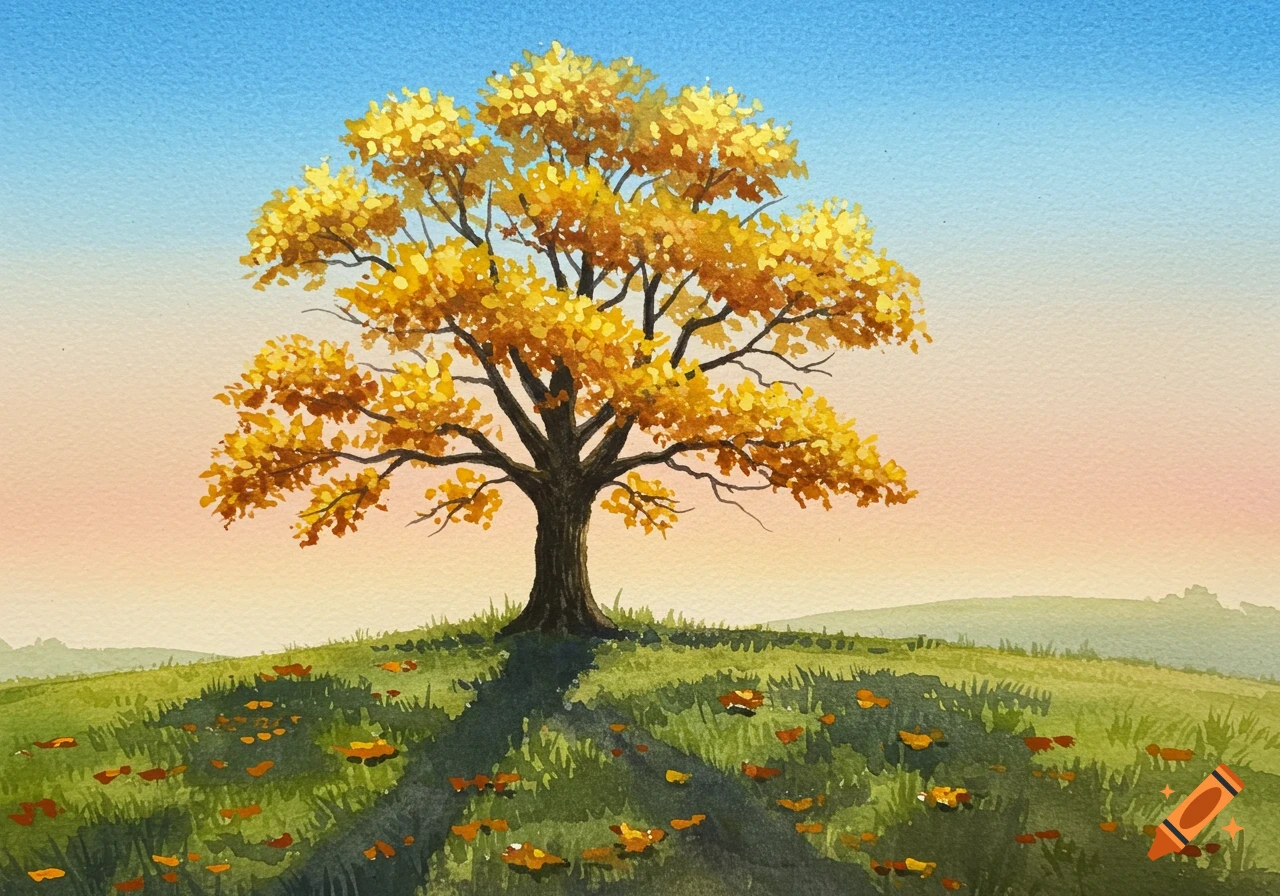 A watercolor painting of a solitary autumn oak tree with golden leaves on a grassy hill under a clear blue sky at sunrise.