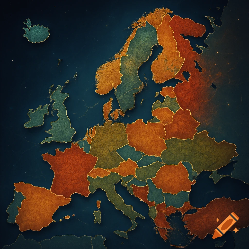 A stylized, textured map of Europe with countries spaced out on a dark background, in warm and cool tones.