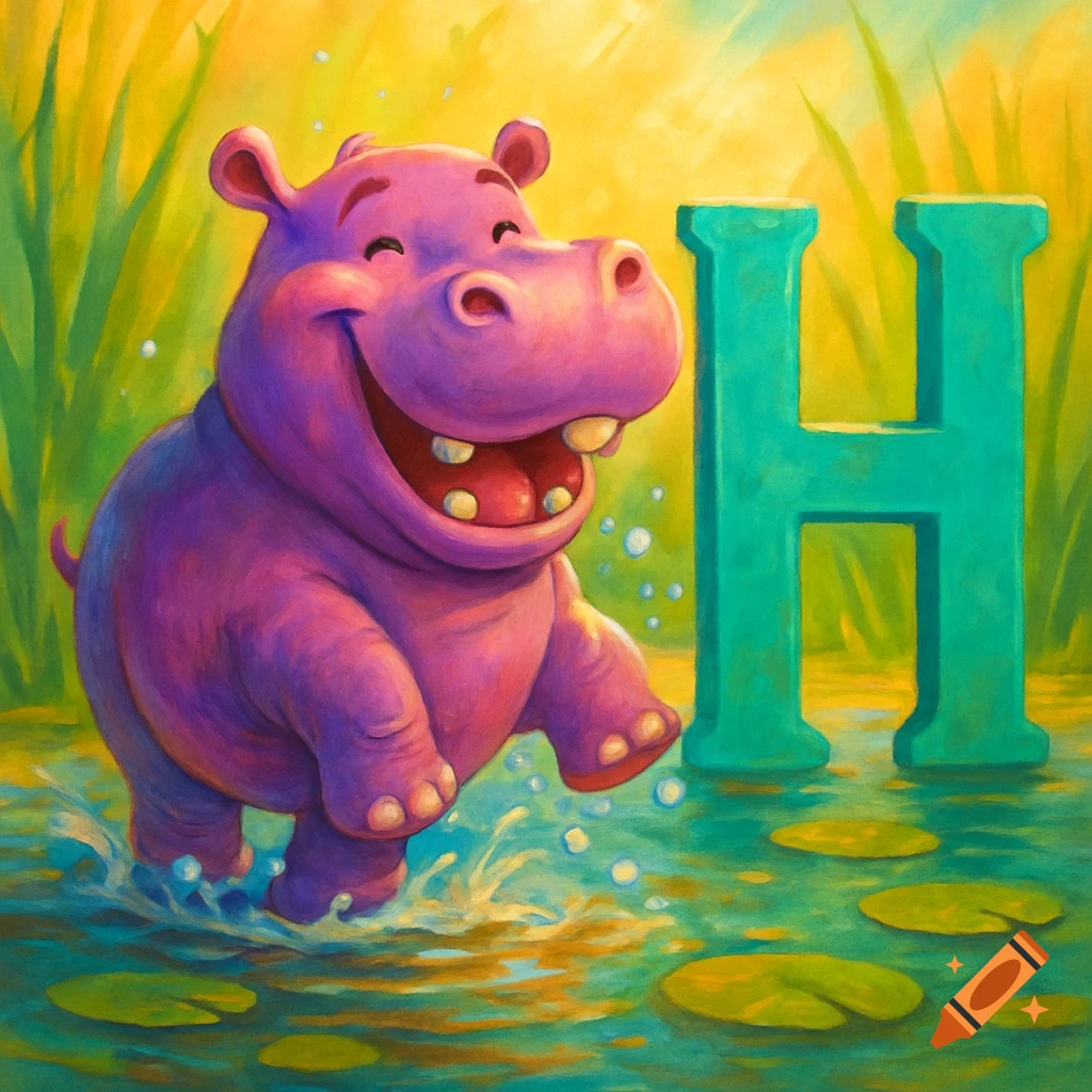 A plump, purple cartoon hippo smiles and splashes in a pond next to a bold turquoise letter H, with lily pads and reeds.