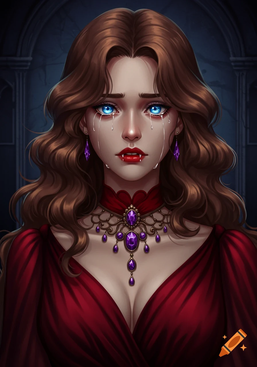 Anime-style vampire woman with brown hair, glowing blue eyes, and fangs, crying in a crimson dress with purple jewelry against a dark background.