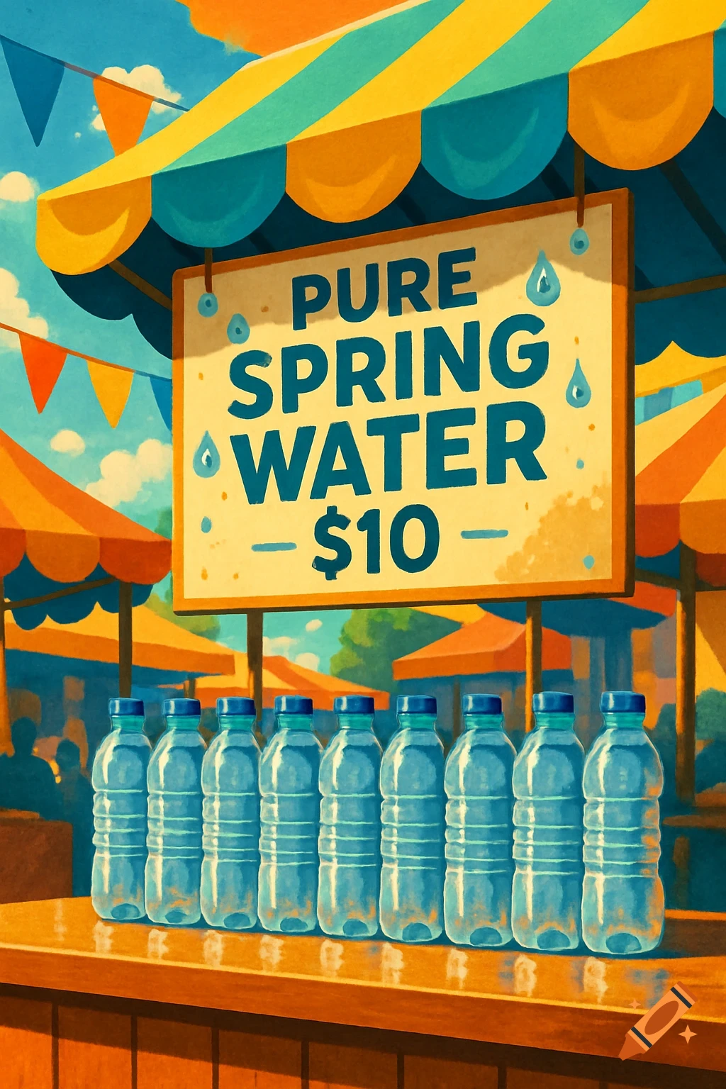 A vibrant illustration of a market stall selling bottles of pure spring water for $10 under a striped awning.