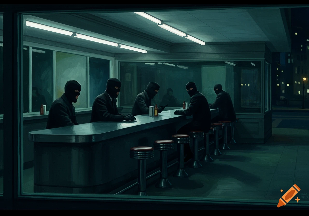 Five men in balaclavas and suits sit at a diner counter at night, in a dark, Hopper-esque painting style.