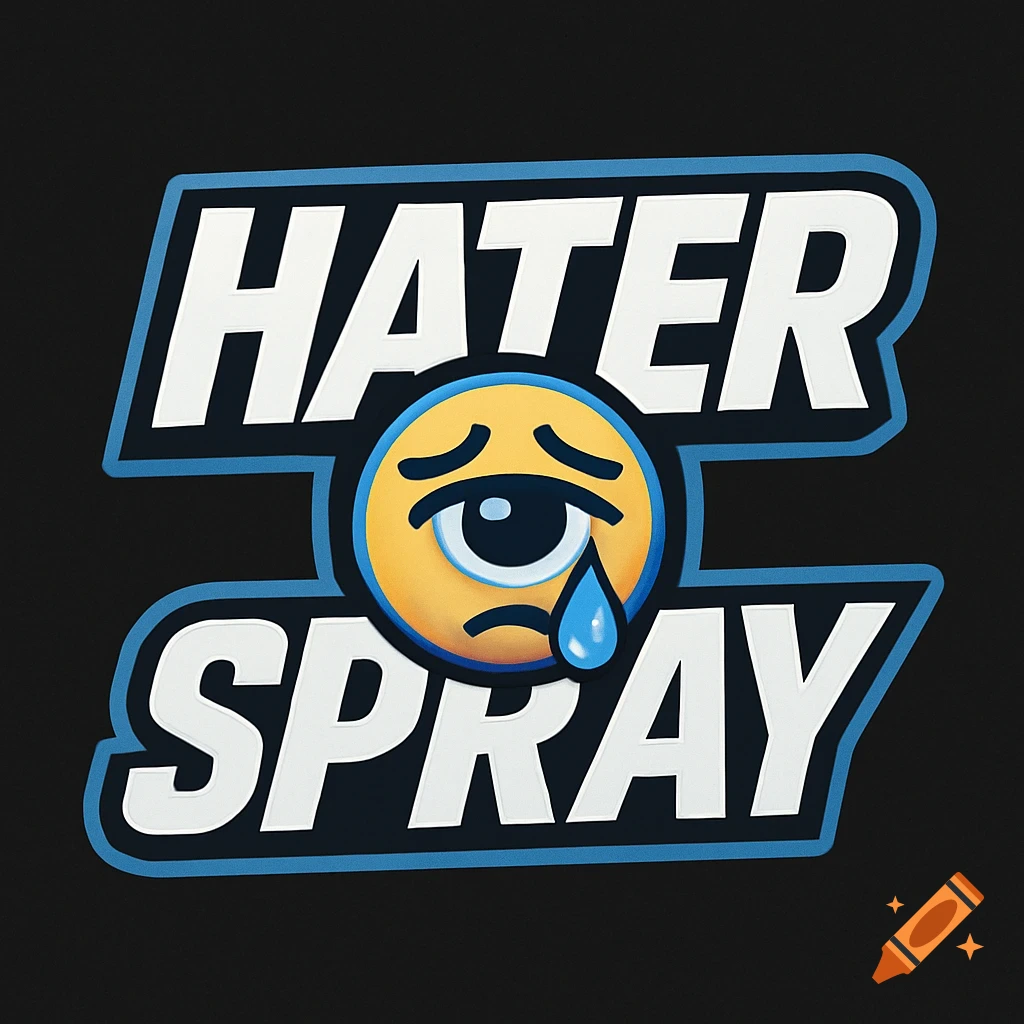 A logo with the word 'HATER' above a crying emoji with a tear, and 'SPRAY' below it. The text and emoji are white with a blue outline on a black background.