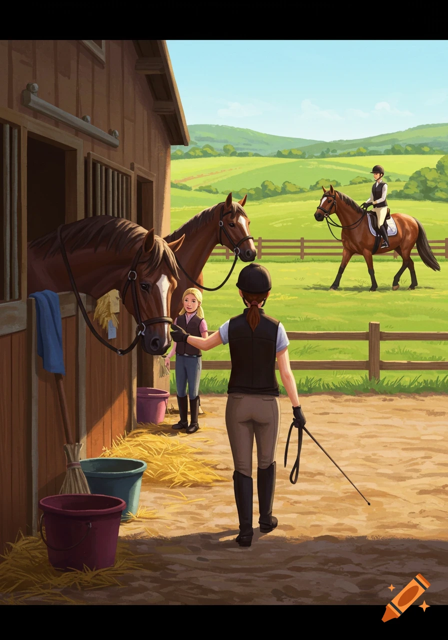 Illustration of a sunny stable scene with people caring for horses, one rider in a green field.