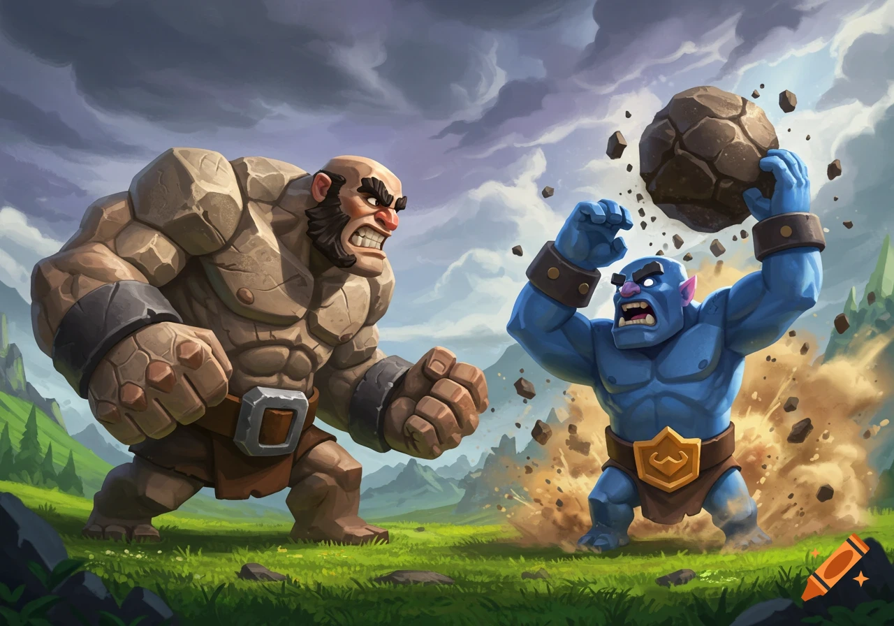 A stone giant confronts a blue monster throwing a large rock in a grassy field, stylized game art.