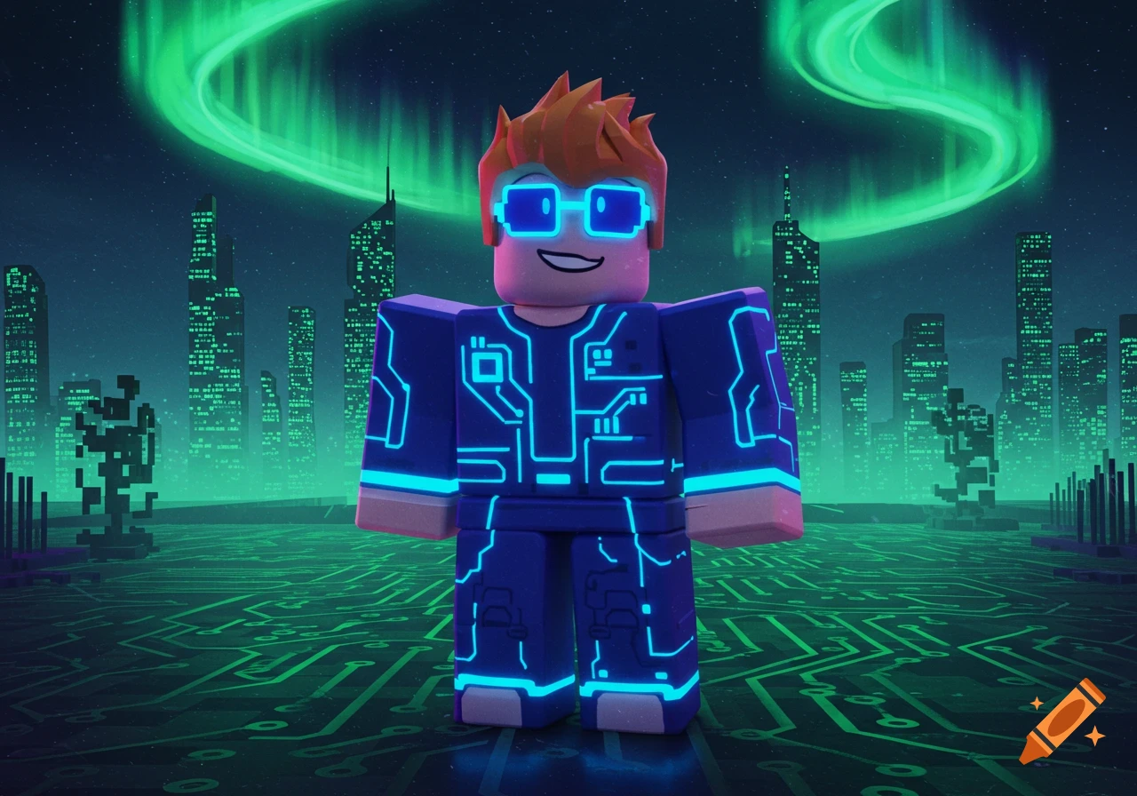 A 3D rendered Roblox character in a blue circuit-patterned suit and glowing glasses, standing in a futuristic city with a green aurora.