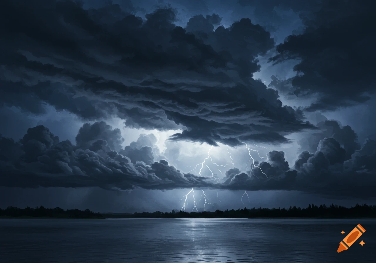 A dramatic, dark storm rolls over a lake with bright lightning illuminating heavy clouds and reflecting on the water.