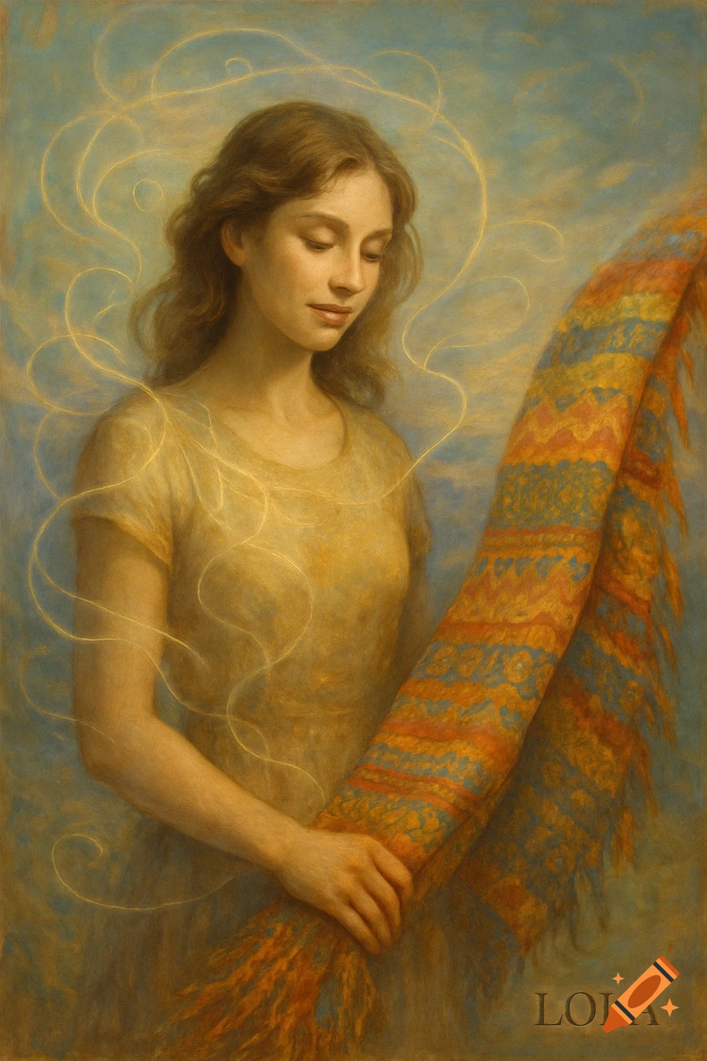 A soft, painterly portrait of a young woman with brown hair, looking down while holding a vibrant, patterned textile. Golden lines swirl around her head.