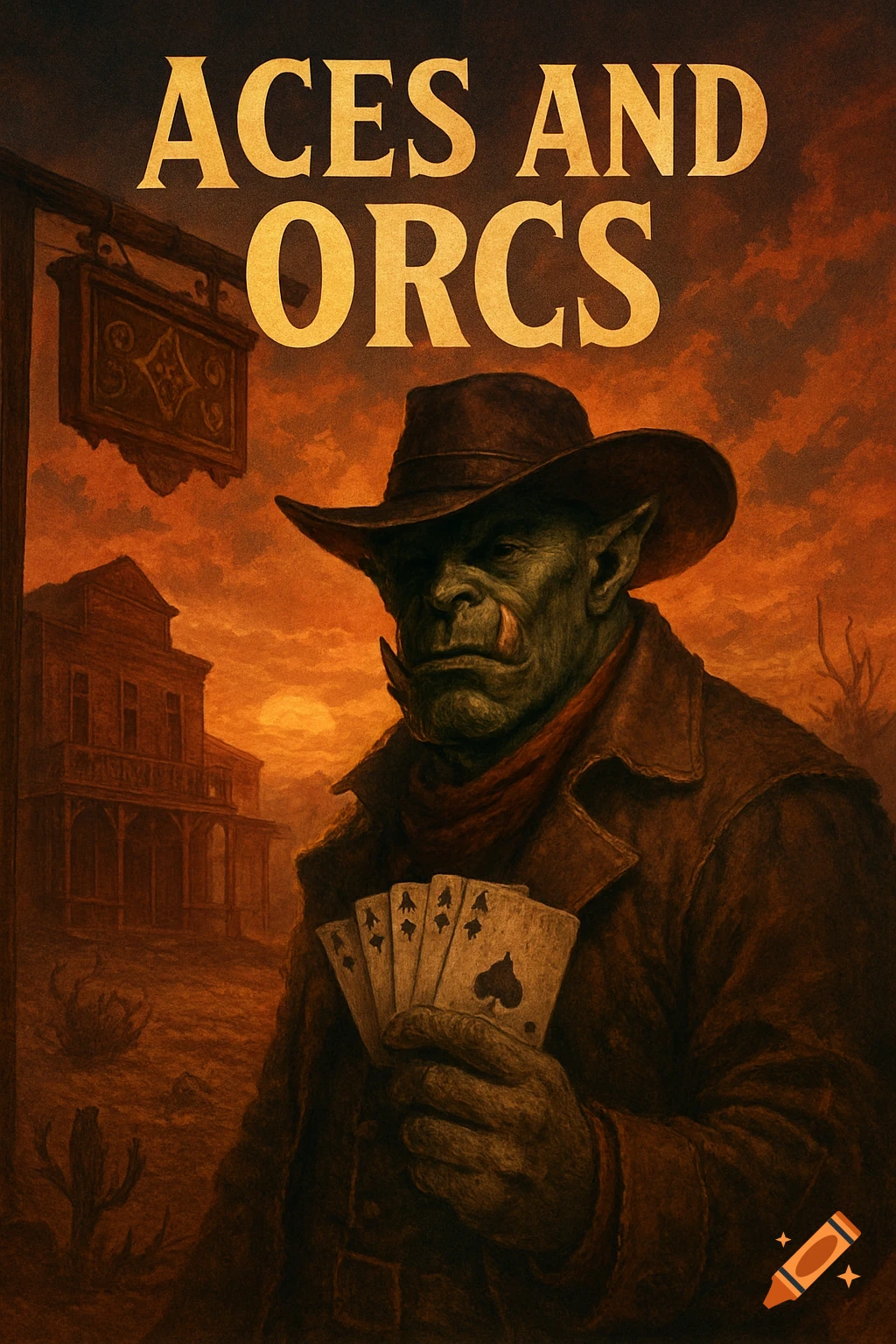 Painterly image of a gruff orc in a cowboy hat holding playing cards in a wild west town at sunset, with 'Aces and Orcs' text.