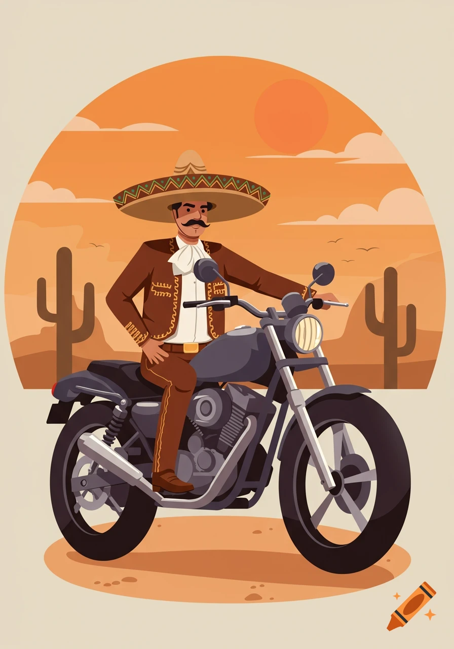 An illustration of a man with a mustache wearing a sombrero and a charro suit, riding a motorcycle in a desert landscape.