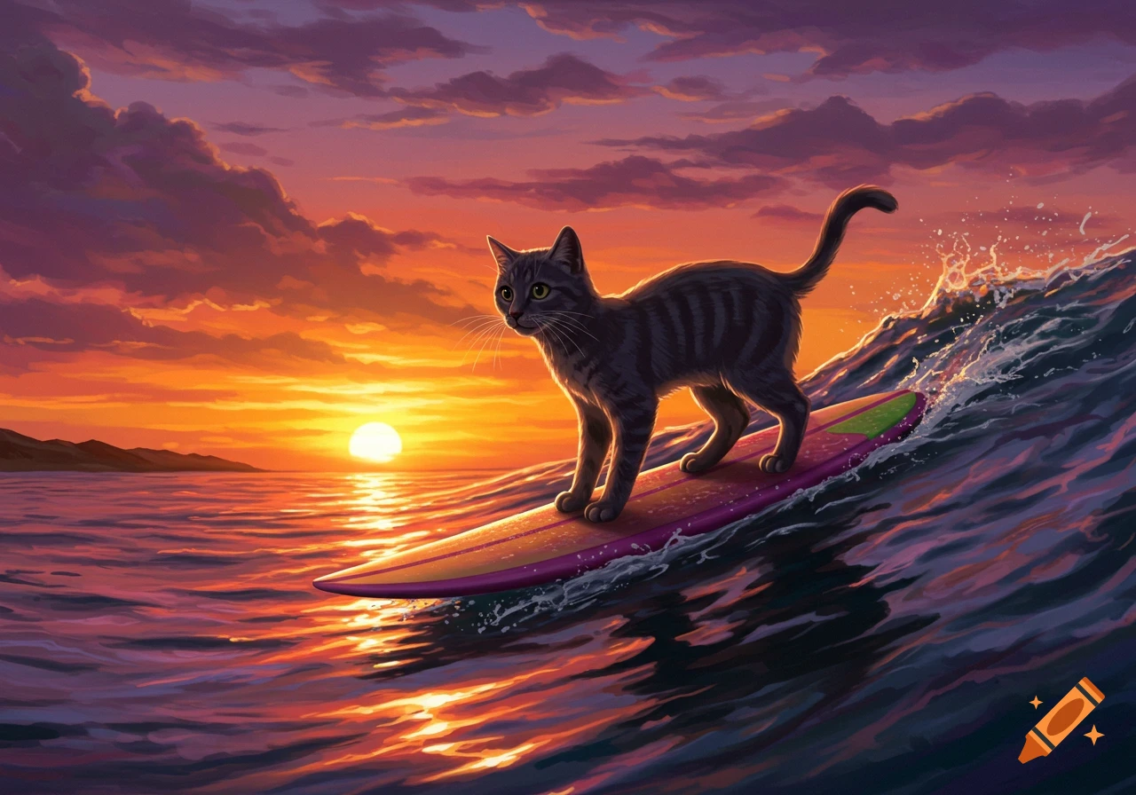A striped cat stands on a surfboard, riding a wave during a vibrant sunset over the ocean.