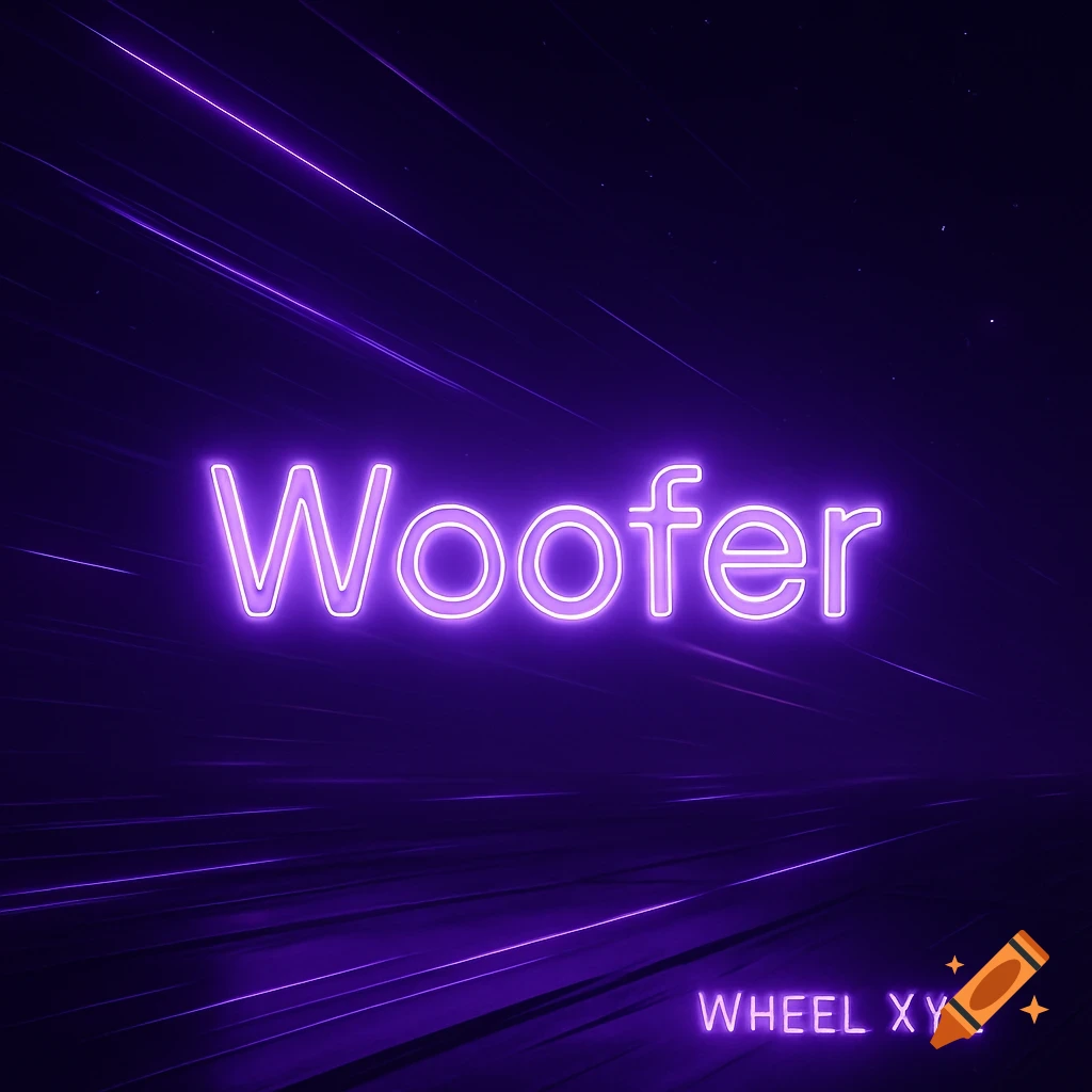 Neon purple text "Woofer" in the center with "WHEEL XYZ" in the bottom right, against a dark background with abstract purple light streaks.