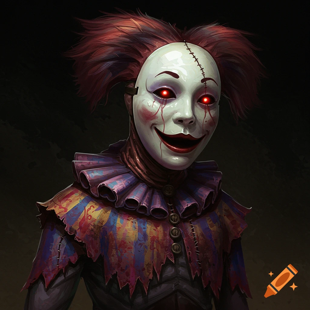 A horror portrait of a figure in a white stitched mask with glowing red eyes and a colorful, tattered ruffled costume.