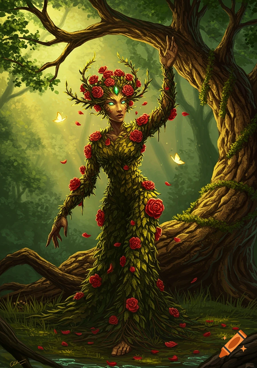 A mythical forest spirit, a leshy, covered in green leaves and red climbing roses, stands under a large tree.