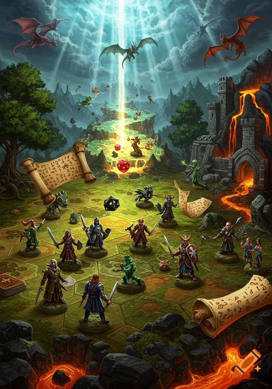 Vibrant fantasy illustration of a D&D board game come to life with miniatures, flying dragons, a lava castle, and giant dice on a hex map.