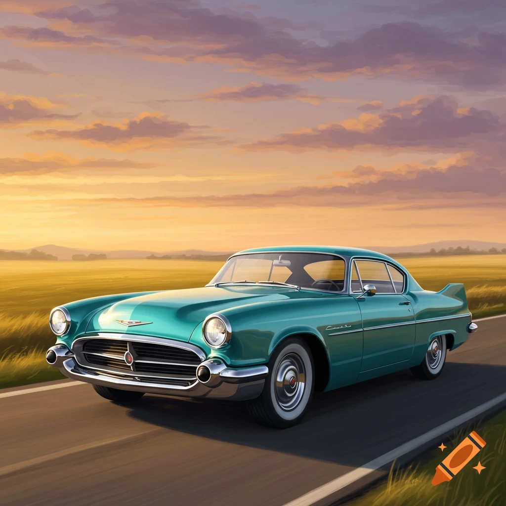 A vibrant teal retro car drives on a rural road at sunset, with golden fields and a colorful sky.