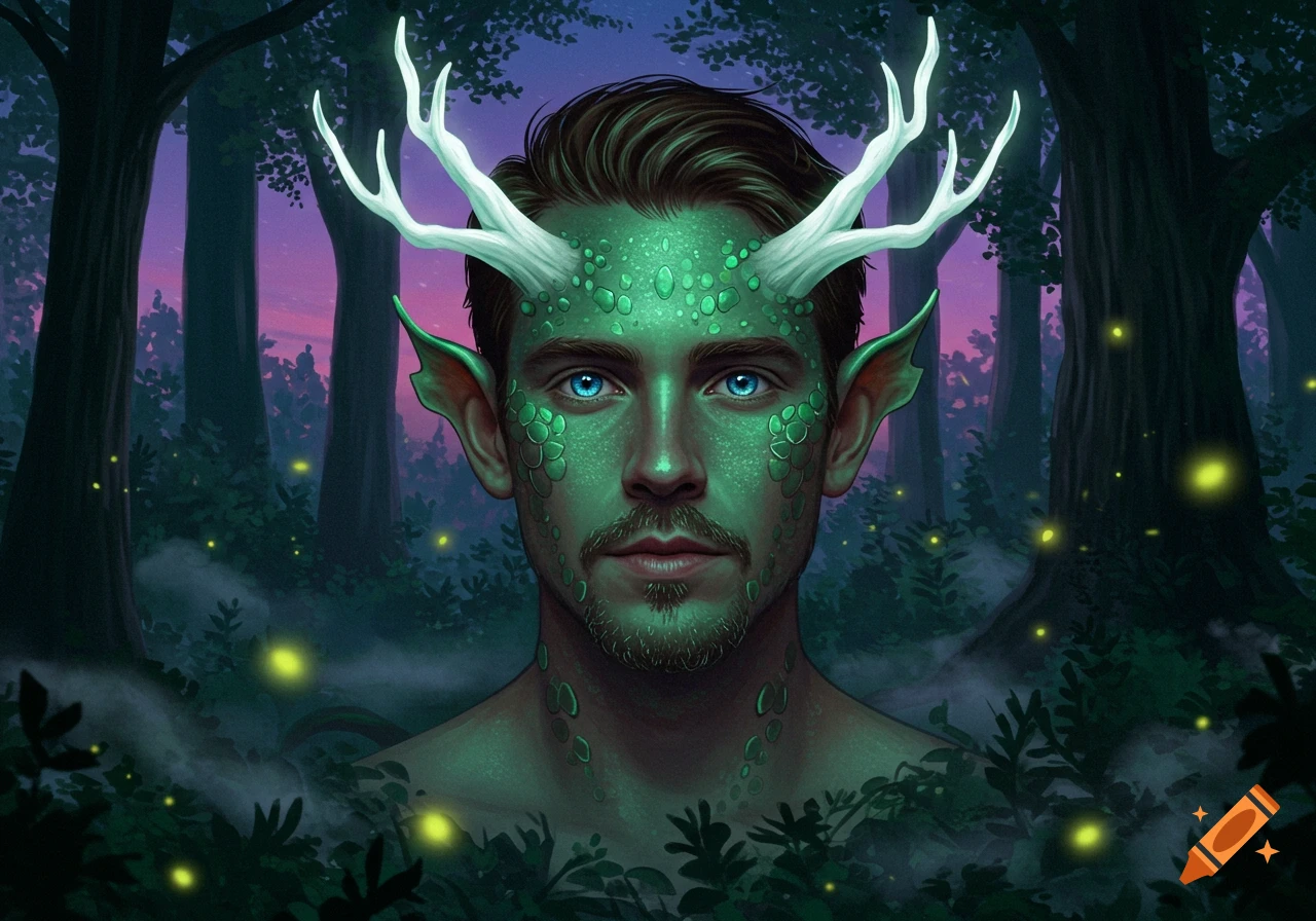 Digital painting of a man with green, scaly skin, glowing white antlers, and pointed ears in a dark, firefly-lit forest.