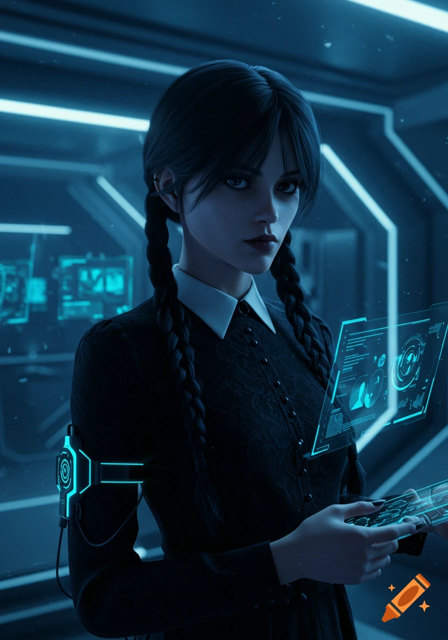 A serious-looking woman resembling Wednesday Addams with braided pigtails wears a black dress, holding a glowing blue holographic screen in a futuristic blue-lit room.