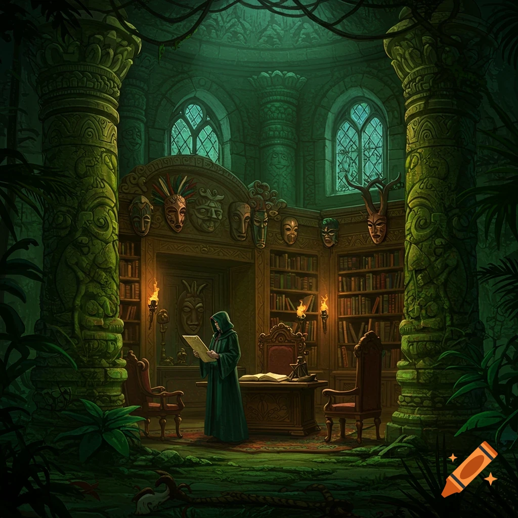 A robed figure reads a scroll in a mystical, overgrown ancient library with tiki pillars and masks under dark green light, fantasy style.