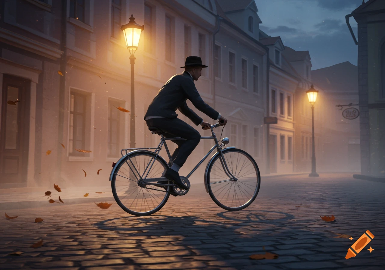 A man in a hat and suit rides a bicycle down a cobblestone street at night, illuminated by warm streetlights, with autumn leaves around.
