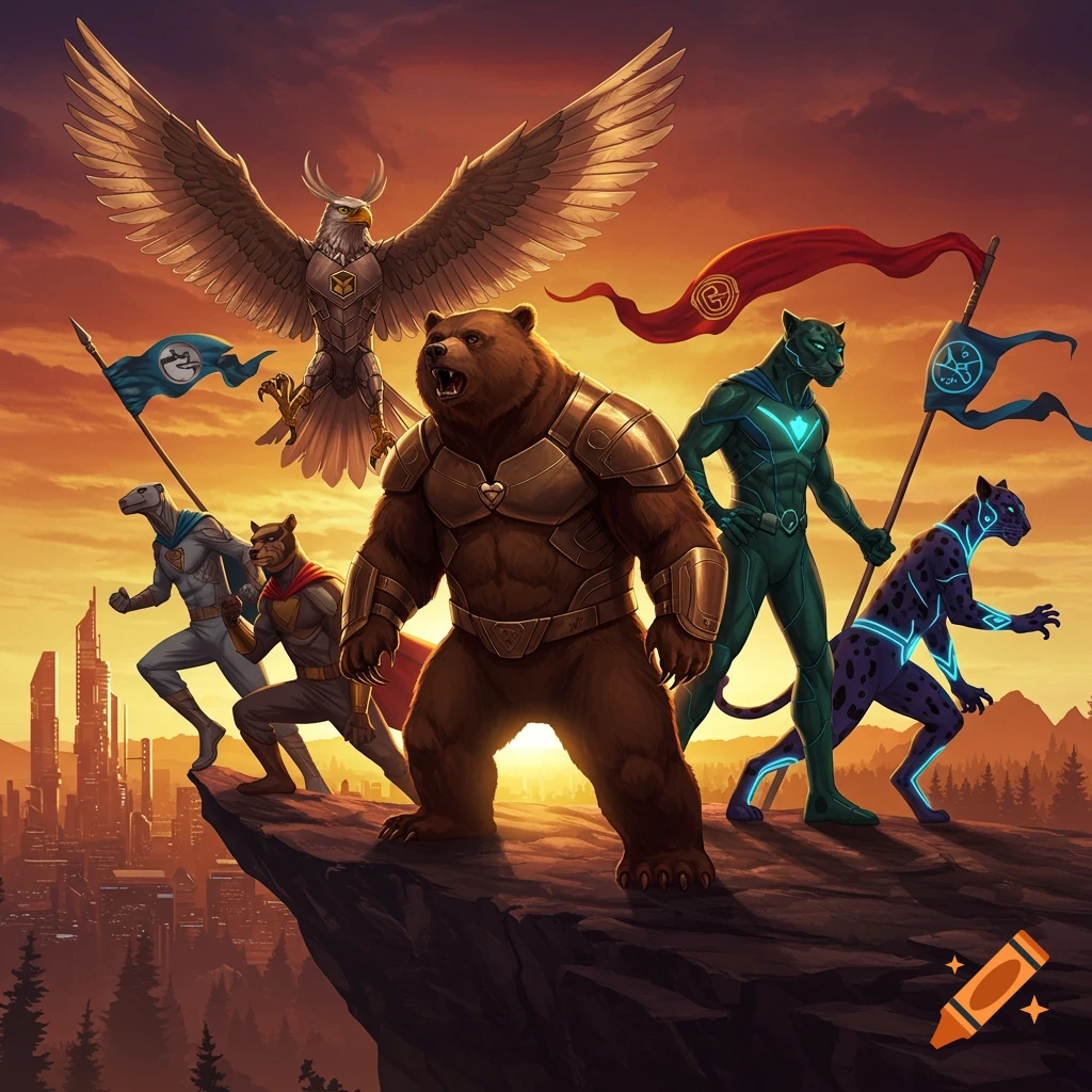 An epic illustration of anthropomorphic animal superheroes, including a bear, eagle, lizard, and two panthers, standing on a cliff overlooking a futuristic city at sunset.