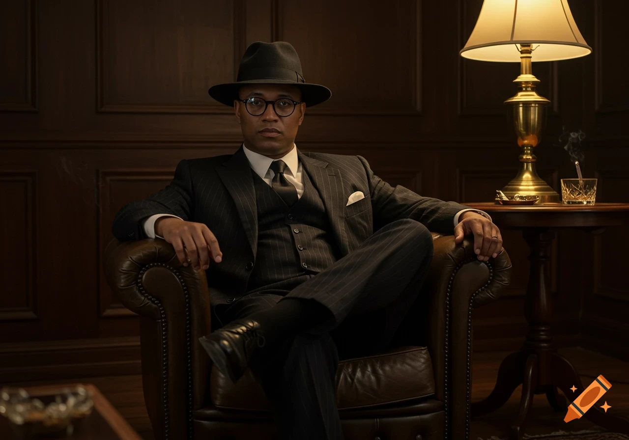 A man in a pinstripe suit, fedora, and round glasses sits in a leather armchair in a dark, wood-paneled room, with a lamp and a drink nearby.