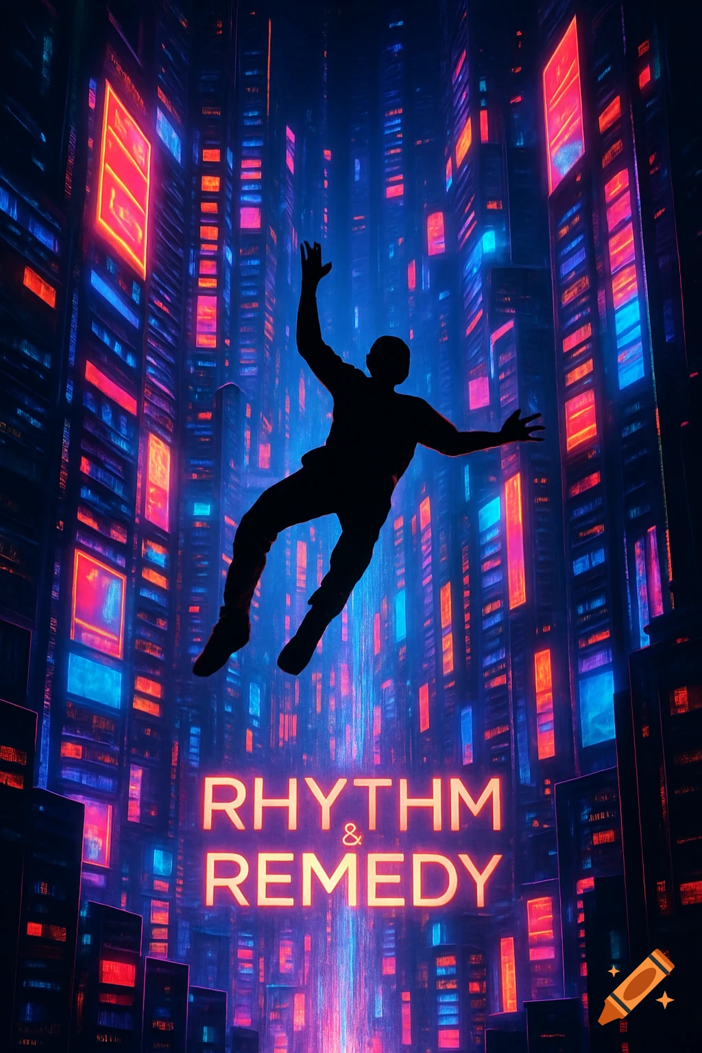 Silhouette of a person falling amidst a neon-lit futuristic city with 'Rhythm & Remedy' text below, in a vibrant digital art style.