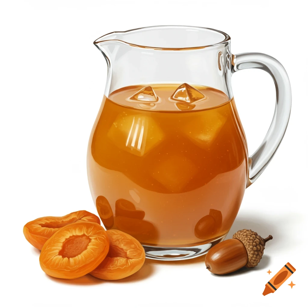 A hyperrealistic glass pitcher of apricot juice with ice cubes, next to dried apricot slices and an acorn, on a white background.