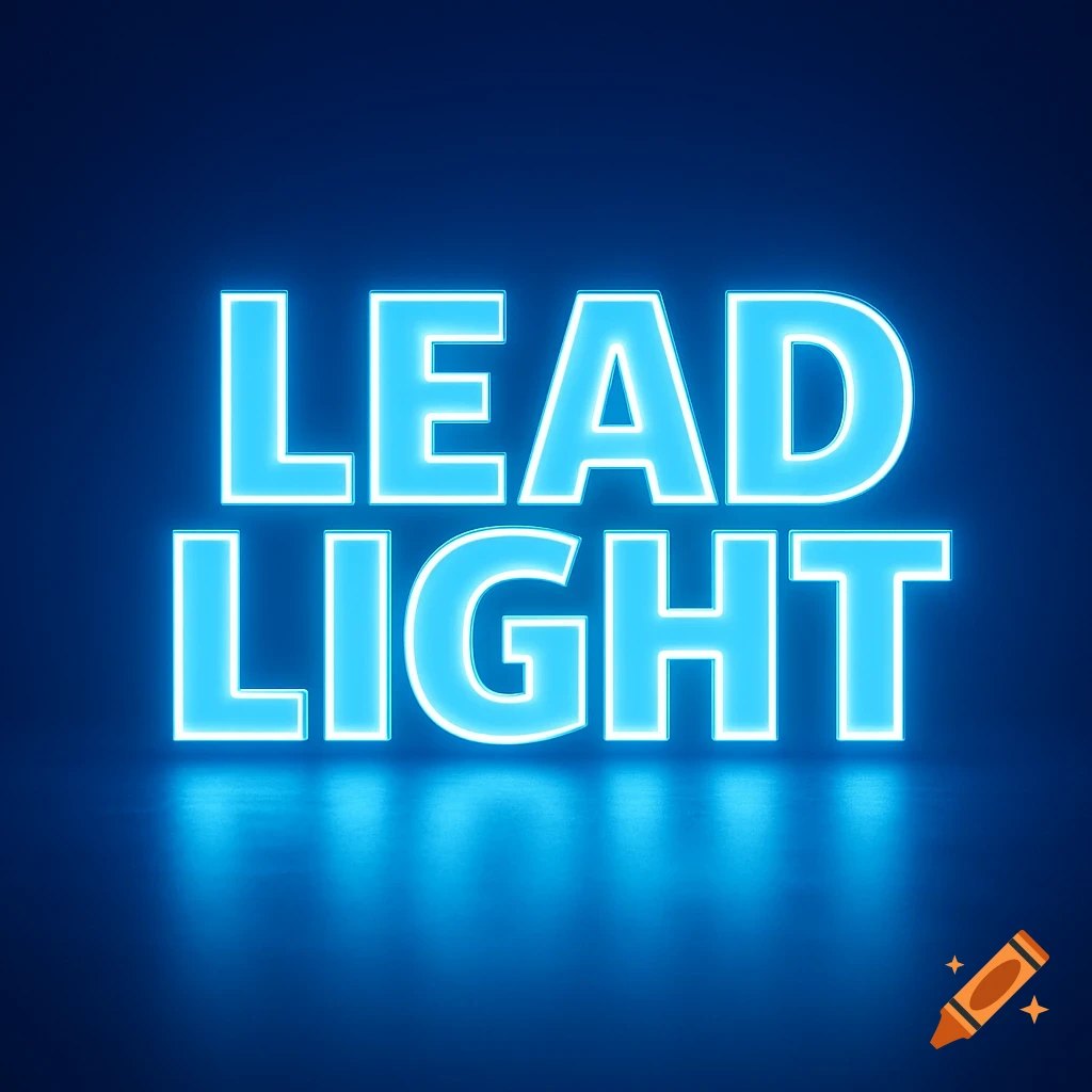 Neon blue glowing text displaying 'LEAD LIGHT' on a dark blue background with a reflection.