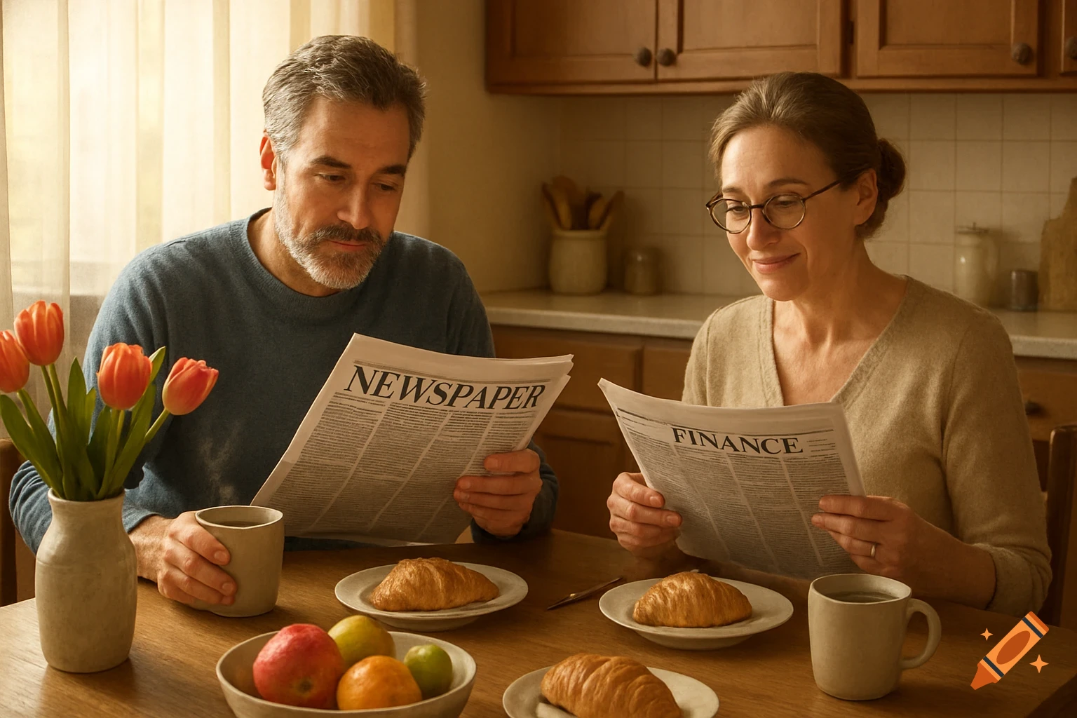 A photorealistic image of a middle-aged couple reading newspapers at a sunny breakfast table with croissants and fruit.