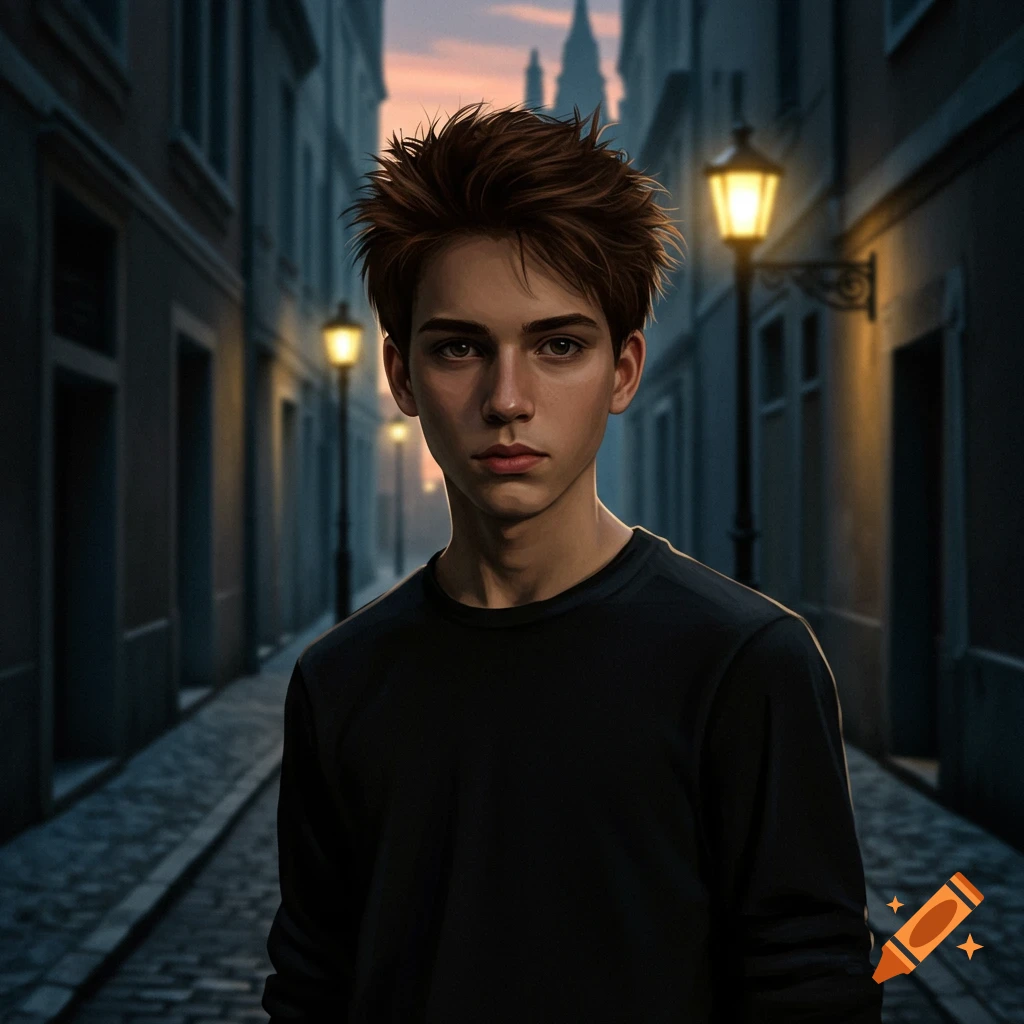 A dark brown-haired boy in a black long-sleeved shirt stands in a dimly lit stone alleyway at dusk.
