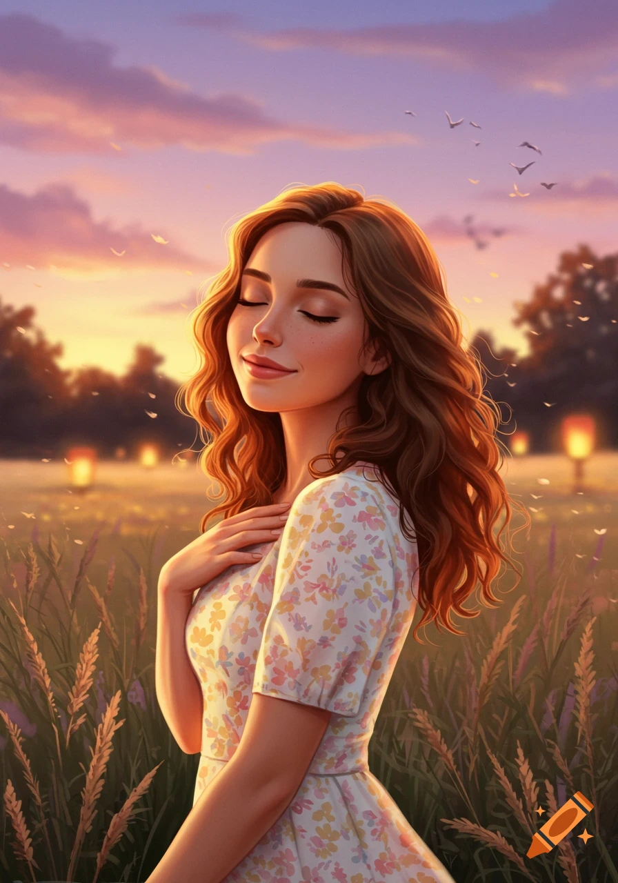 A serene woman with closed eyes and a floral dress stands in a golden field at sunset, with glowing lanterns and birds, digital painting.