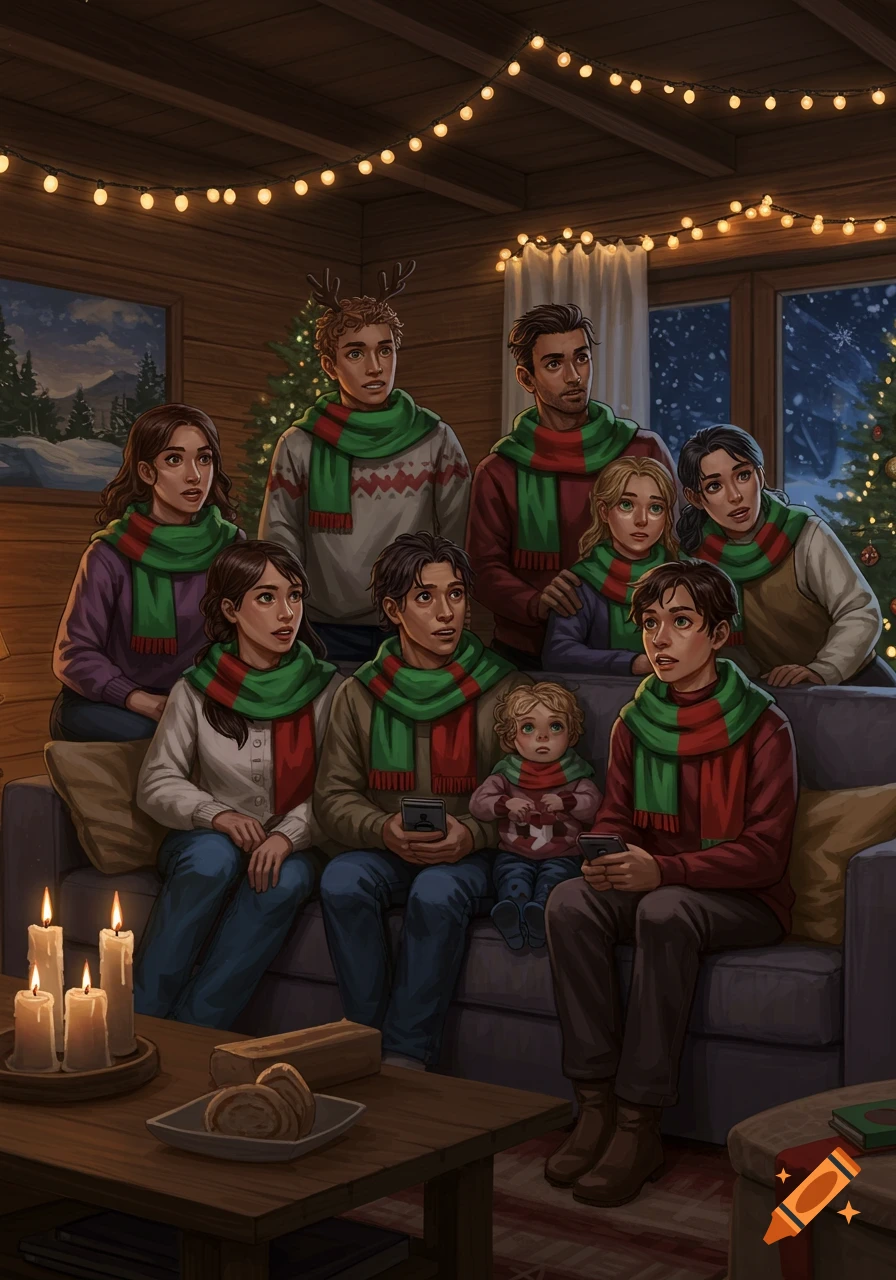 A family gathers in a cozy cabin living room decorated for Christmas, wearing green and red scarves.