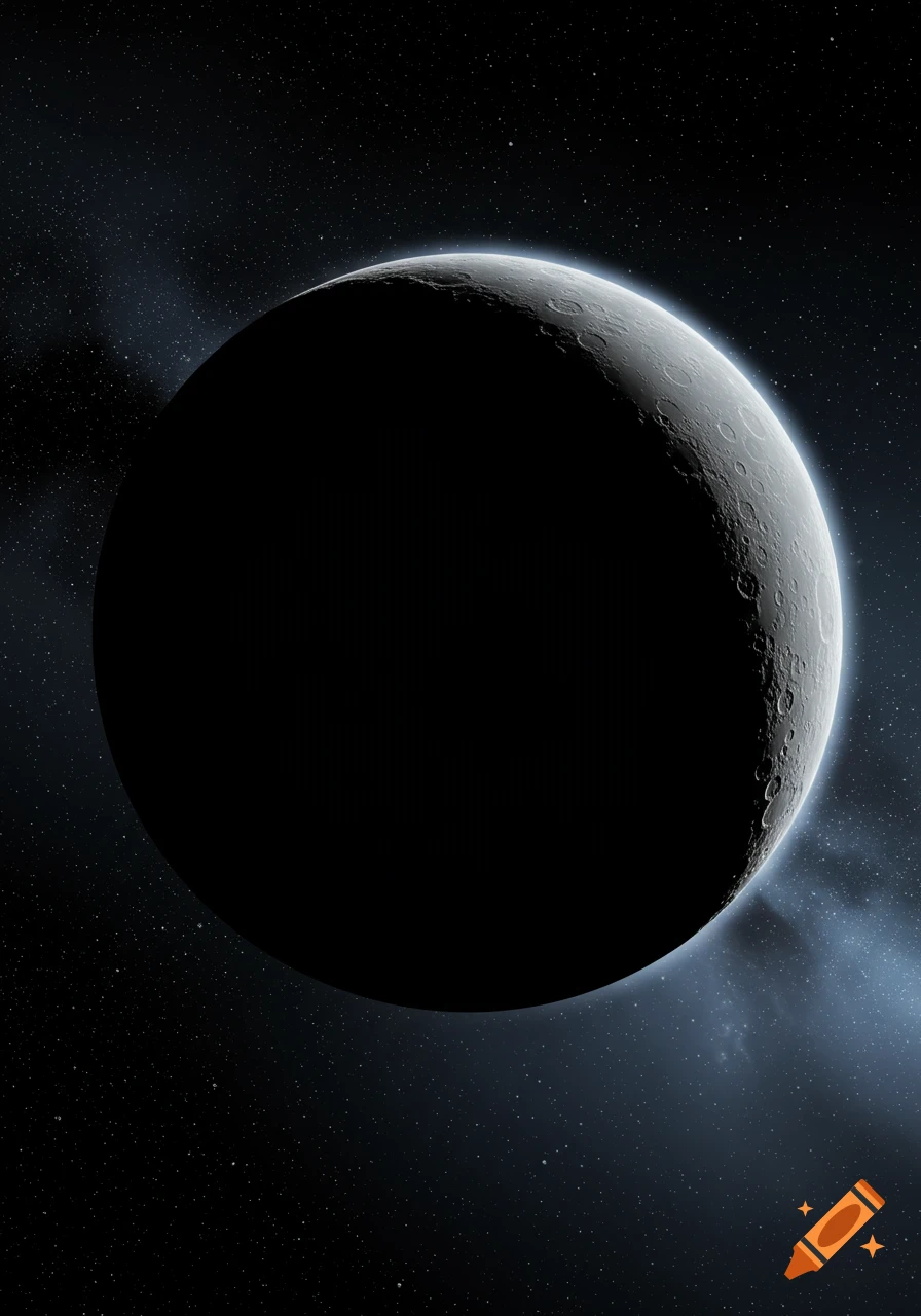 A crescent moon, illuminated from the right, against a star-filled space background with faint nebulae.