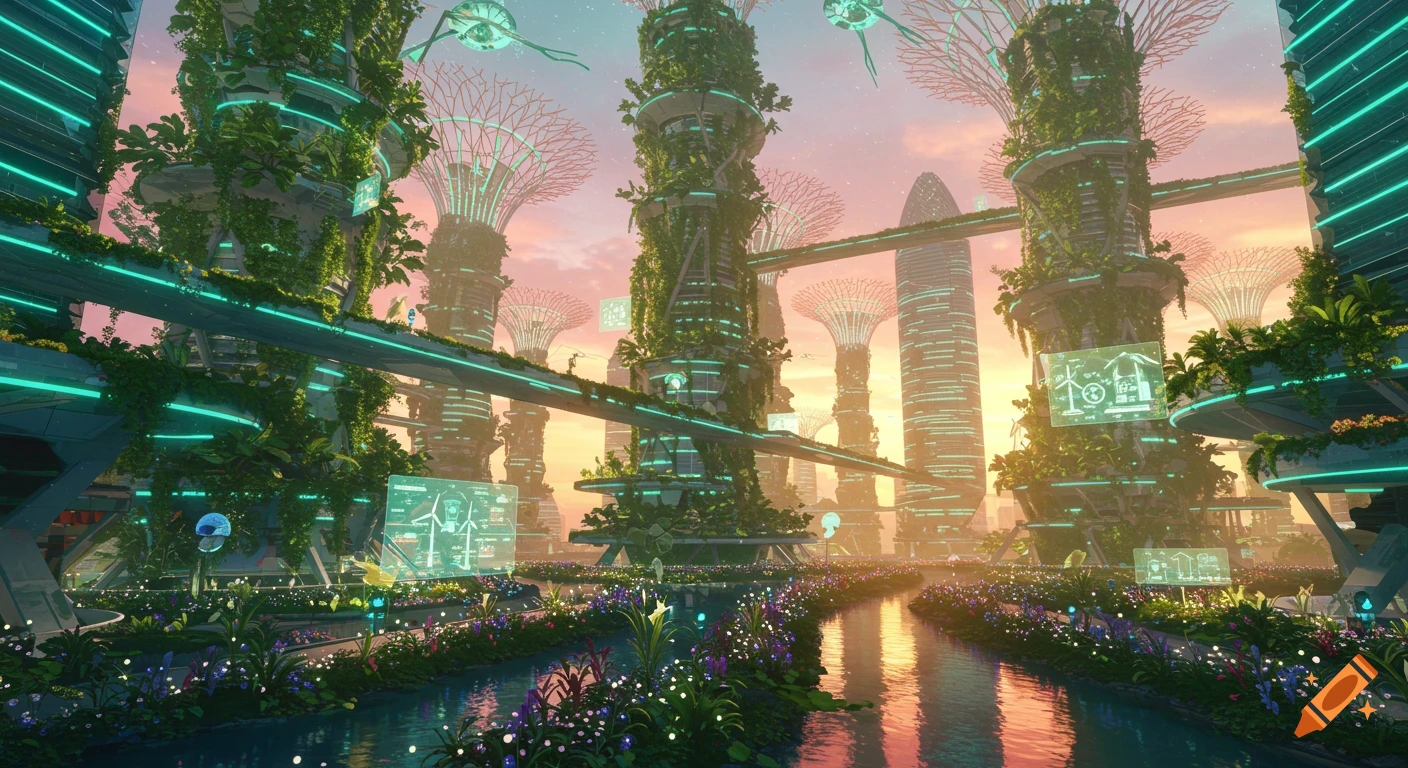 Vibrant solarpunk city at sunset with glowing green-lit buildings covered in vines, winding rivers, and lush gardens.