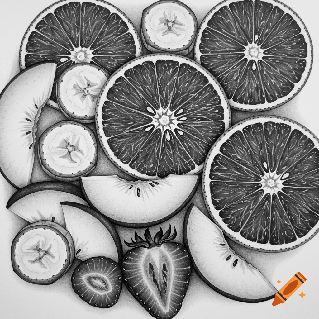 Detailed black and white drawing of various sliced fruits including oranges, bananas, apples, and strawberries.