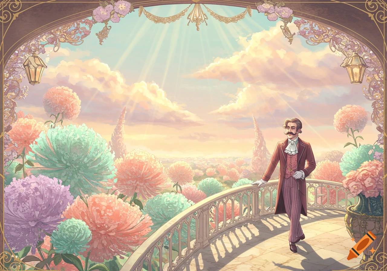An elegant man with a mustache stands on an ornate balcony overlooking a fantastical field of large, colorful flowers under a sunny, cloudy sky.
