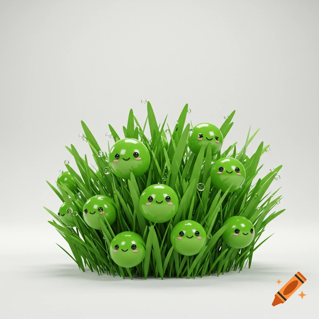 Cute 3D rendered cartoon green peas with faces in a clump of grass with water droplets on a white background.