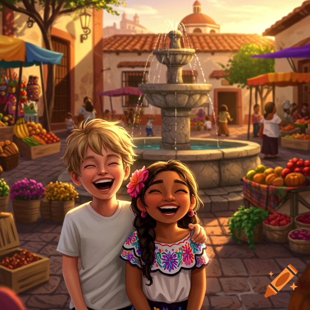 A cartoon illustration of a smiling boy and a girl with a flower in her hair embracing in a vibrant market square with a fountain.
