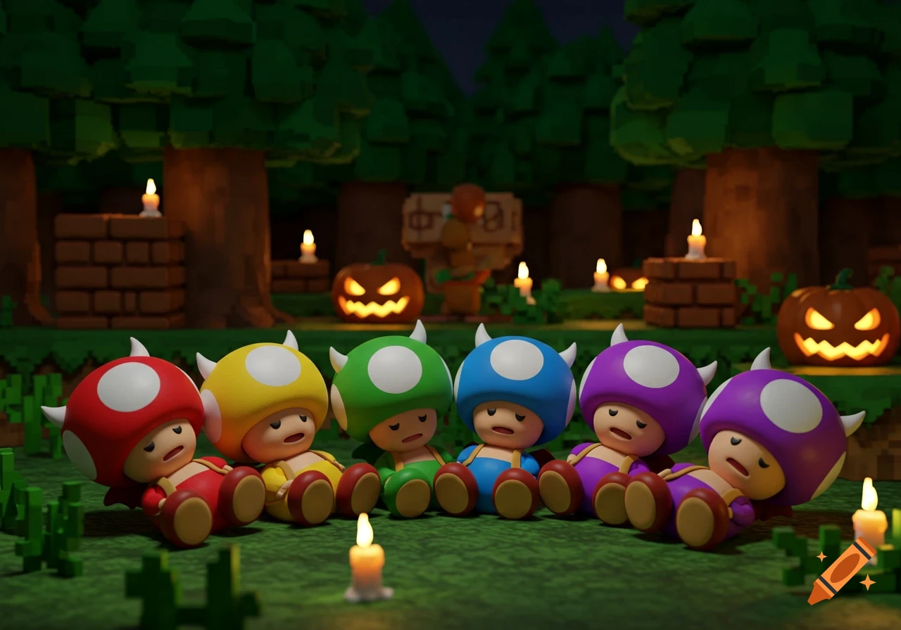Six colorful Toads in horned costumes rest in a dark, blocky forest scene with glowing Halloween pumpkins and candles.