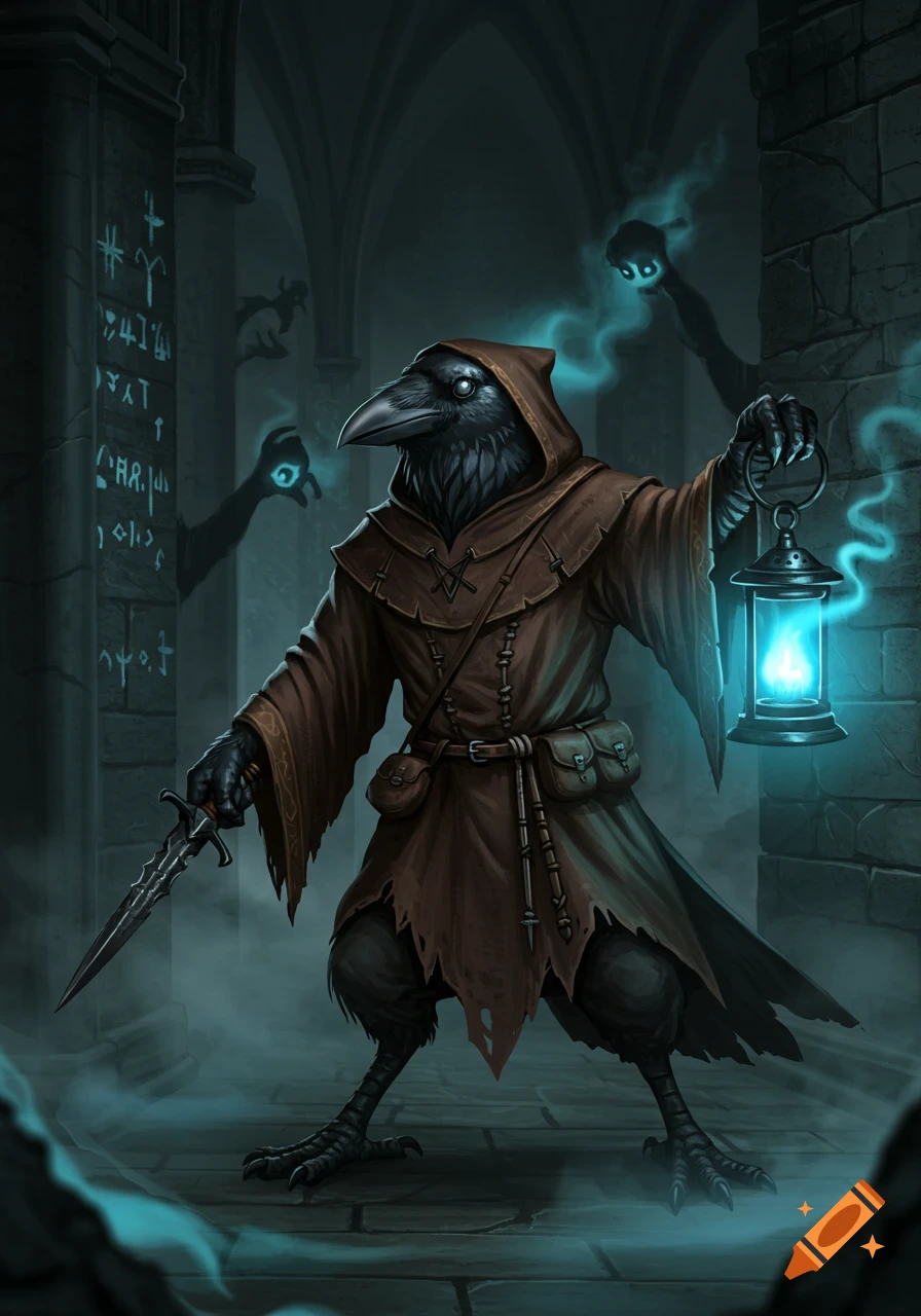 A grimdark anthropomorphic raven monk in a brown hooded robe holds a glowing blue lantern and a dagger, standing in a dark, atmospheric dungeon with glowing glyphs on pillars.