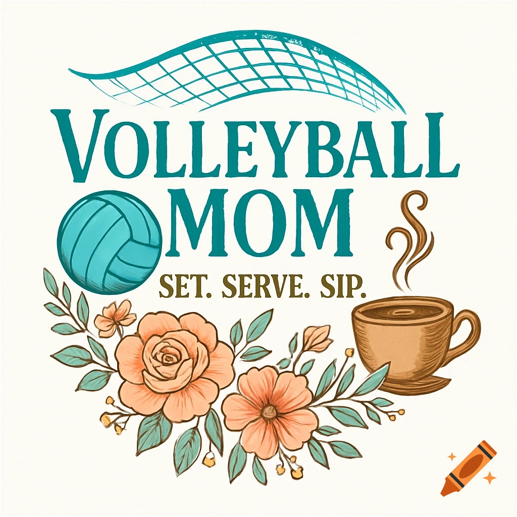 Graphic design featuring a volleyball, a coffee cup, and flowers, with the text "VOLLEYBALL MOM SET. SERVE. SIP."
