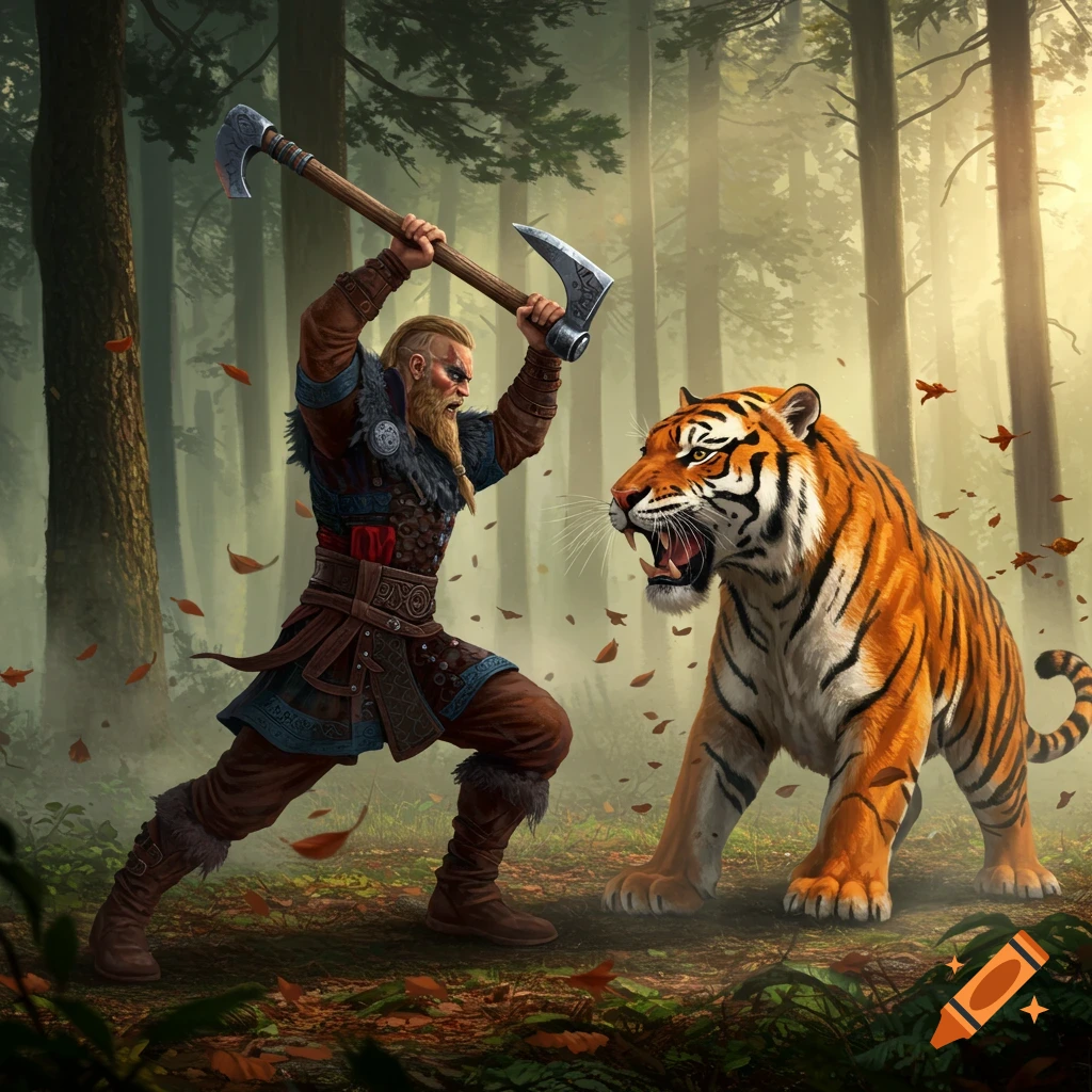 A Viking warrior raises a double-bladed axe to strike a roaring tiger in a misty forest, digital art.