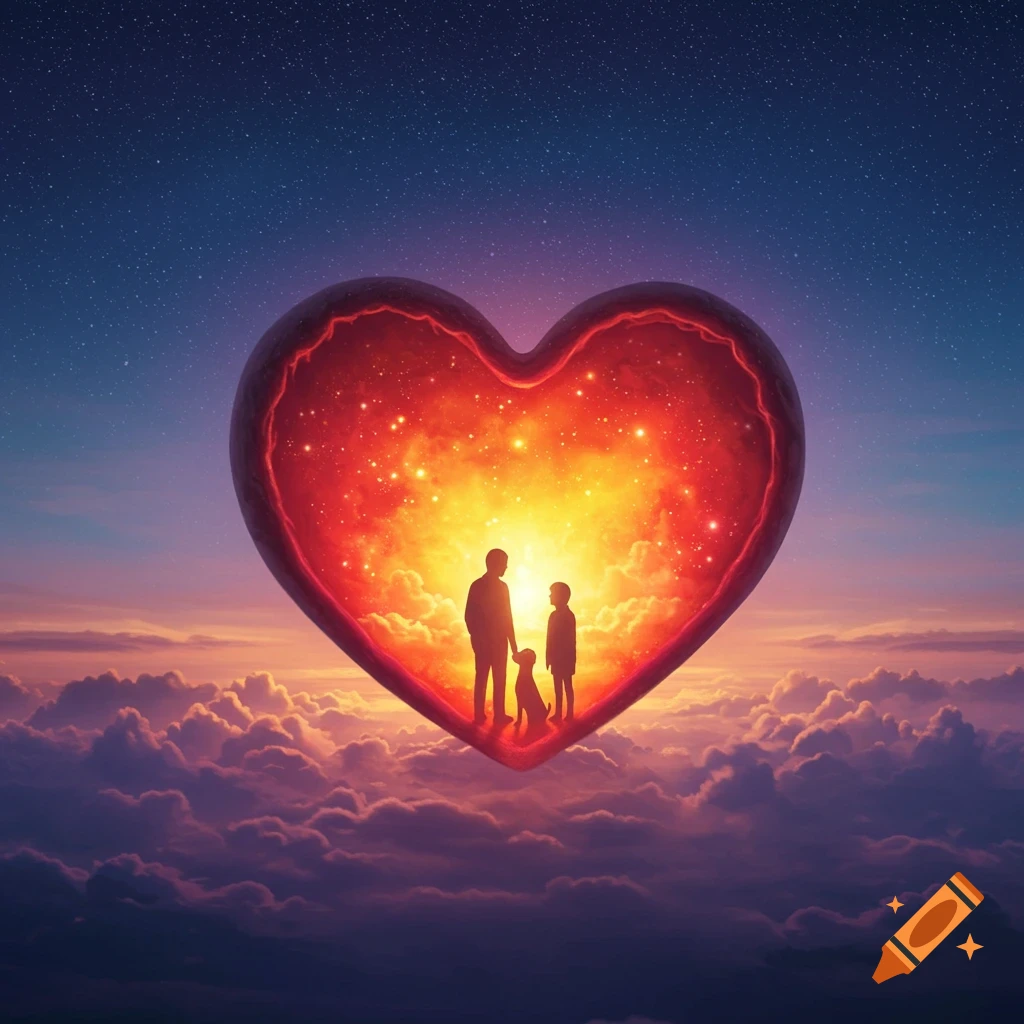 A large glowing red heart containing silhouettes of an adult, child, and dog, floating above clouds under a starry twilight sky.