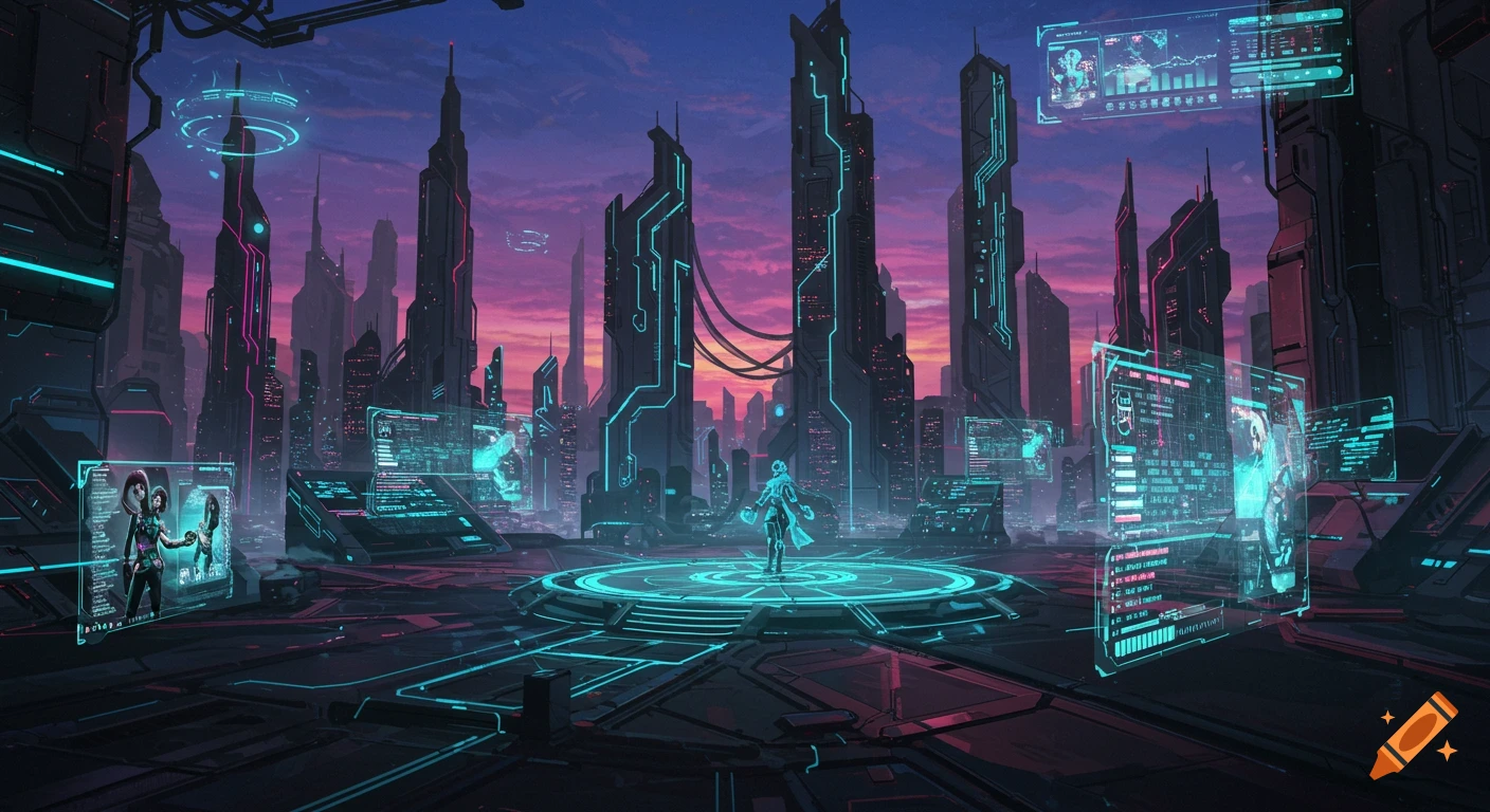A lone character stands on a glowing circular platform in a futuristic city with neon-lit skyscrapers and holographic displays during a vibrant sunset.
