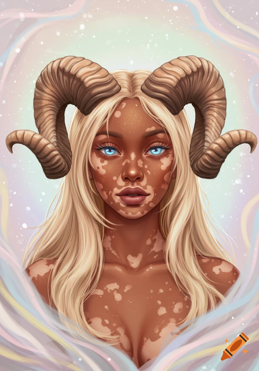 Portrait of a woman with ram horns, long blonde hair, vitiligo, and blue eyes, against an ethereal pastel background.