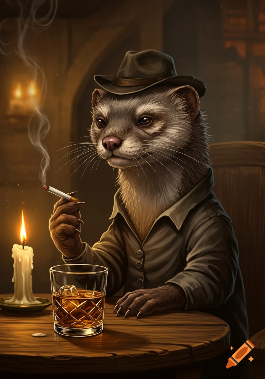 Anthropomorphic ferret in a hat smoking a cigarette, with whiskey and a lit candle on a table in a dimly lit bar.