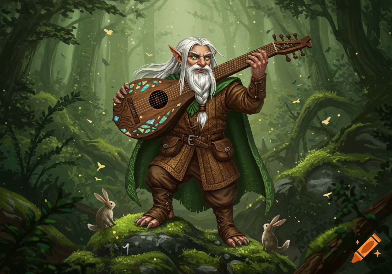 An old elf-dwarf bard with white hair plays a lute in a magical green forest with rabbits.
