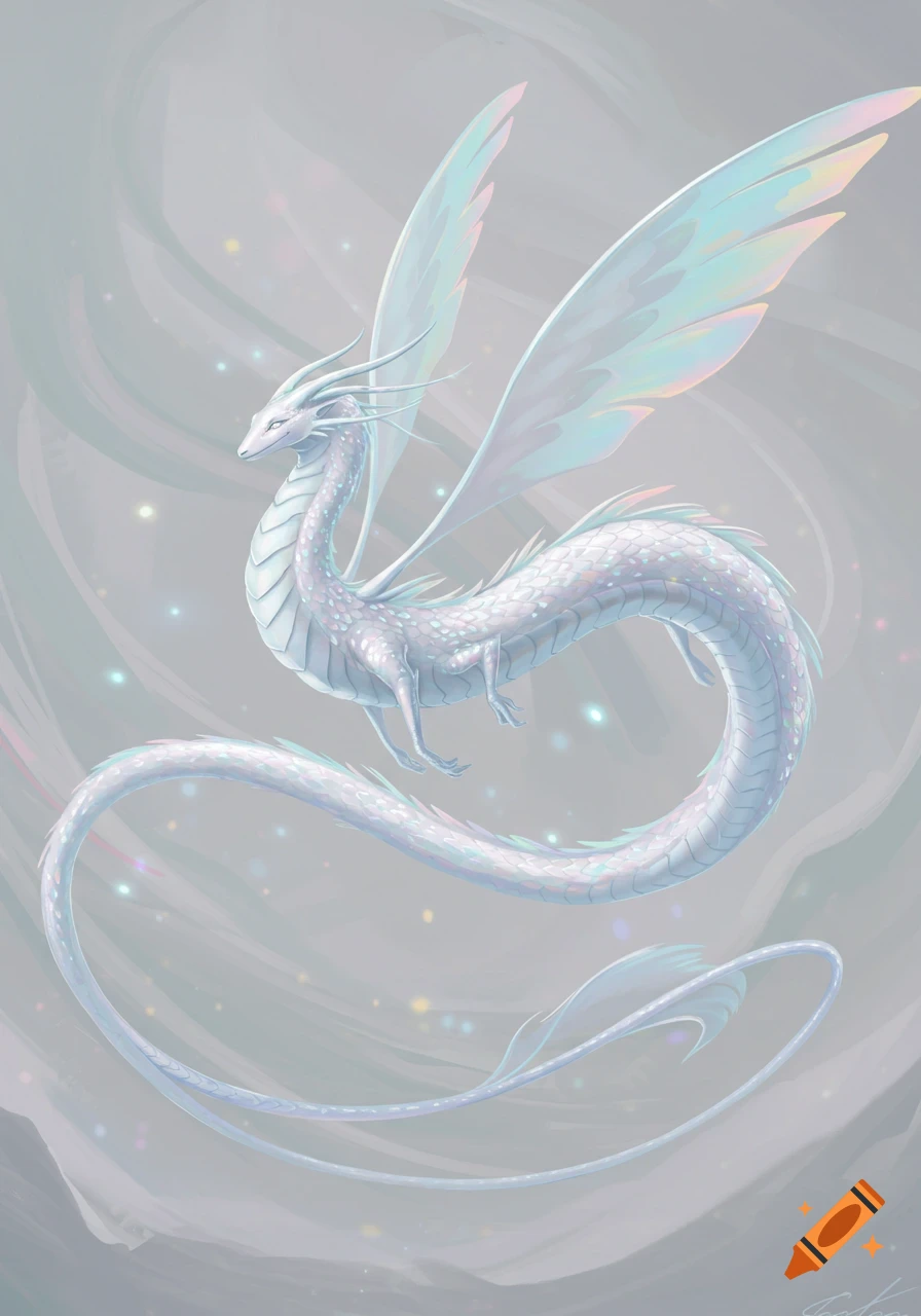 An ethereal white dragon with iridescent wings floats against a hazy, sparkling background, drawn in a digital art style.